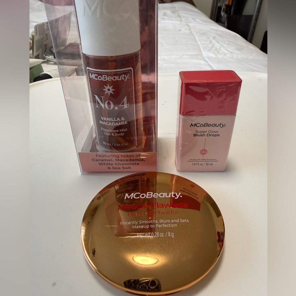 Mcobeauty makeup and fragrance bundle- blush  drops, translucent powder, #4 mist